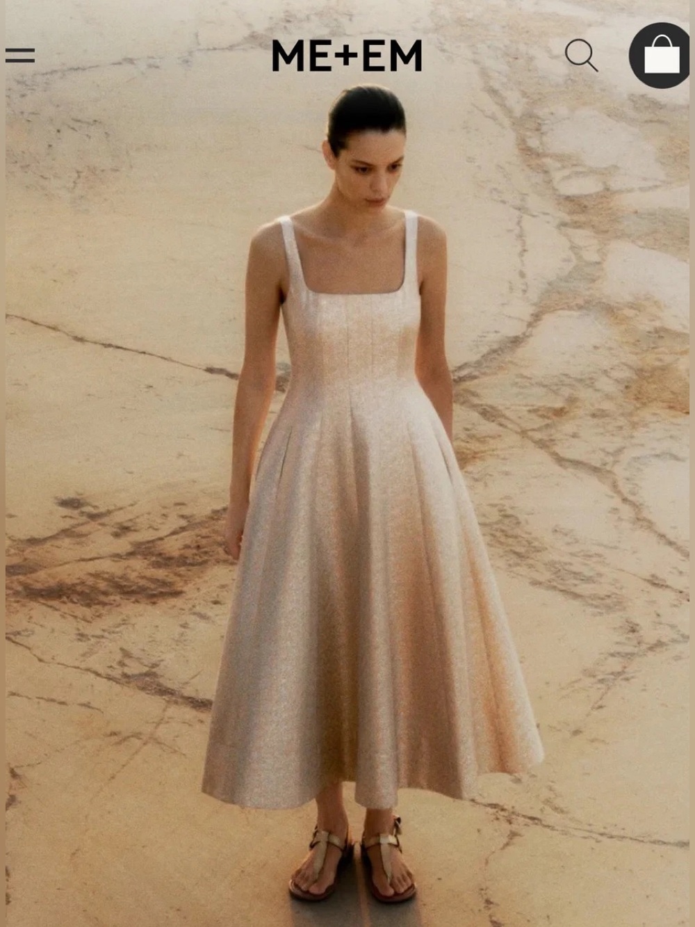ME+EM Metallic Cream Square-Neck Midi Dress